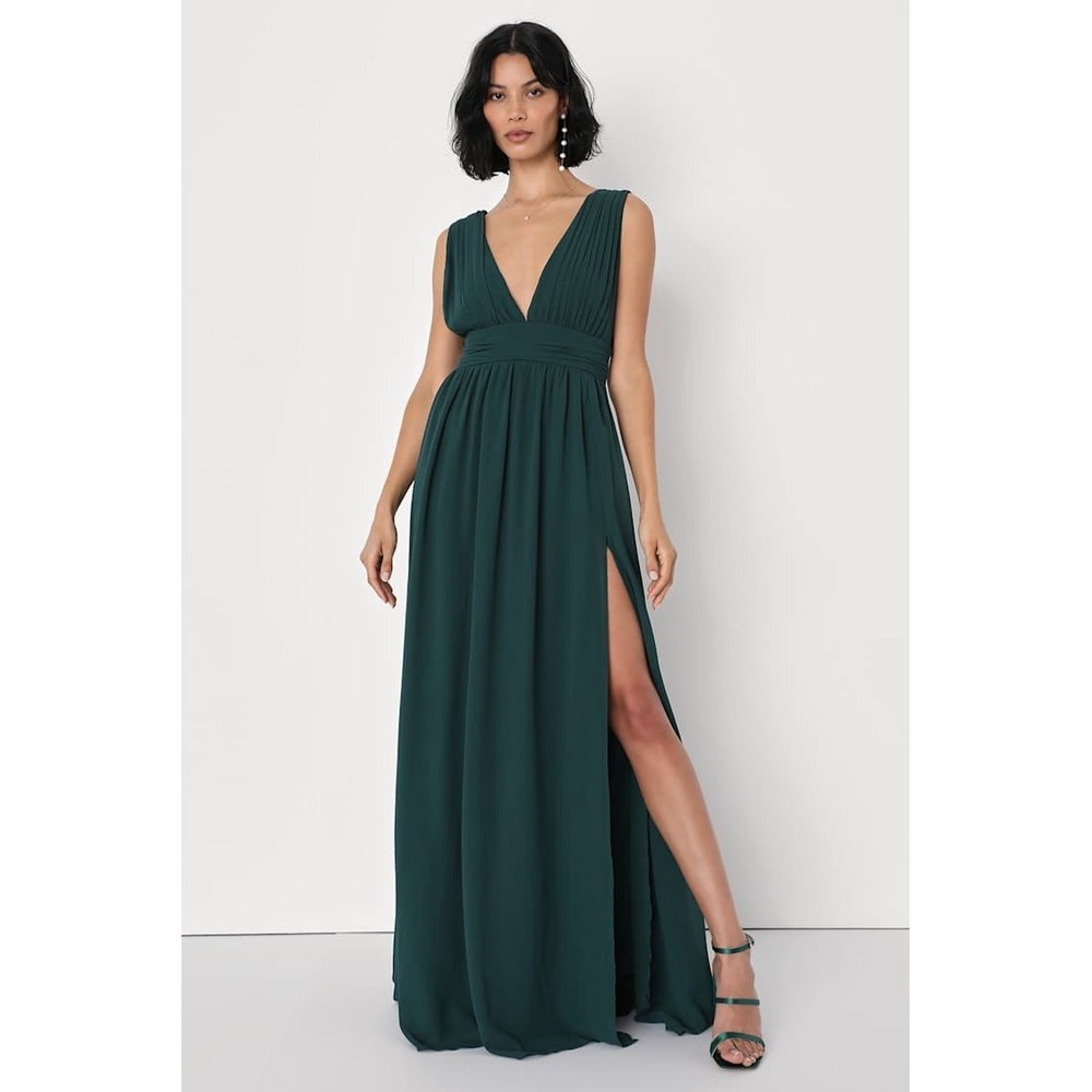 Lulus Heavenly Hues Forest Green Chiffon V Neck Pleated Maxi Dress Medium NWT